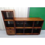 A wooden two part wall unit with drawers and shelves, 114 x 41 x 36 and 79 x 118 x 36cm