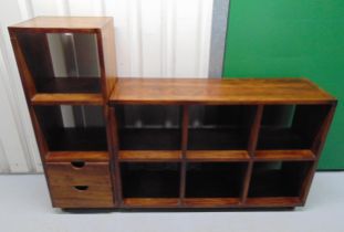 A wooden two part wall unit with drawers and shelves, 114 x 41 x 36 and 79 x 118 x 36cm