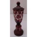 Bohemian etched red glass vase and cover (small chip to base), 27cm (h)