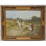 Haywood Hardy framed oil on canvas of figures on a road with a horse and dogs, signed bottom