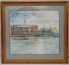 Julia Phelps framed watercolour titled Demolition Alongside Preservation, signed with original label