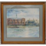 Julia Phelps framed watercolour titled Demolition Alongside Preservation, signed with original label