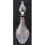 A cut glass pear shaped decanter with drop stopper and hallmarked silver collar, 32.5cm (h)