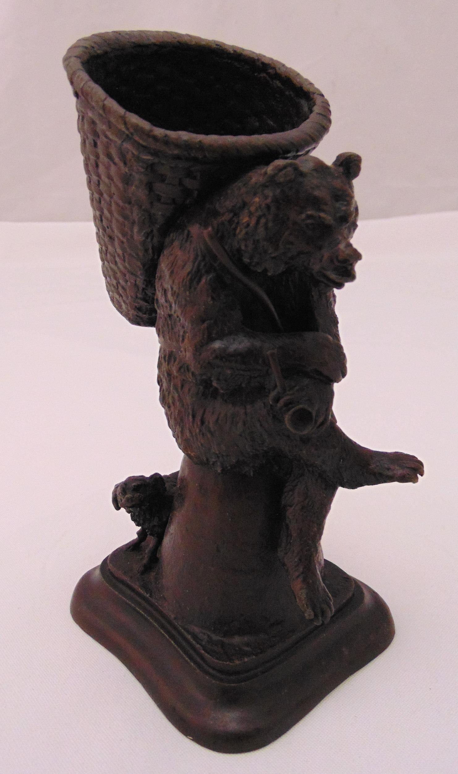 Fratin bronze figurine of a seated bear carrying a basket with a dog by his feet, signed to the