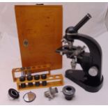 Leitz Wetzler brass mounted microscope in fitted case to include additional lenses, circa 1930