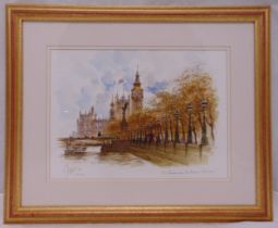 Alex Jawdokimor framed watercolour of The Thames and The Houses of Parliament signed and dated