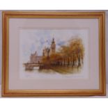 Alex Jawdokimor framed watercolour of The Thames and The Houses of Parliament signed and dated