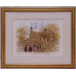 Alex Jawdokimor framed watercolour titled The Tower of London and Yeoman Warden signed and dated