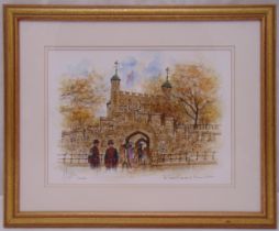 Alex Jawdokimor framed watercolour titled The Tower of London and Yeoman Warden signed and dated