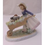 Lladro figurine A Barrow of Fun girl with a hat pushing a wheelbarrow full of flowers and two