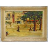 Cecil Rochfort Doyly-John framed oil on canvas of figures in a market square titled Cannes, label to