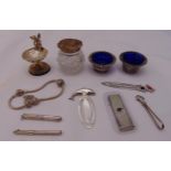 A quantity of silver and white metal to include salts, bookmarks, a cigar cutter and a bracelet (
