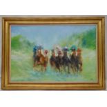 Framed oil on canvas of racehorses in full gallop, monogrammed bottom right, 50.5 x 76cm