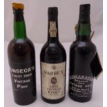 Three bottles of vintage port to include Fonseca 1963, Guimaraens 1965 and Warres 1975