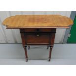 A mahogany inlaid drop flap tea table on tapering cylindrical legs with castors, 72 x 92 x 39.5cm