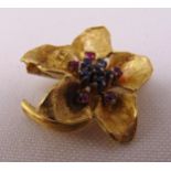 Gold, ruby and sapphire flower brooch, gold tested 18ct, approx total weight 5.2g