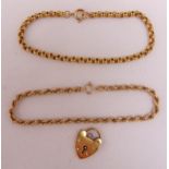 Two 9ct gold bracelets and a 9ct gold padlock charm, approx total weight 7.1g