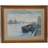 Julia Phelps framed watercolour of the River Thames titled Towards Chelsea Moored tug and barges,