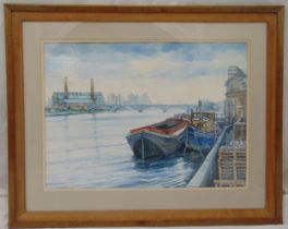 Julia Phelps framed watercolour of the River Thames titled Towards Chelsea Moored tug and barges,