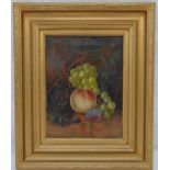 A framed oil on canvas of a still life scene with grapes and peaches circa 1890, 29.5 x 21.5cm
