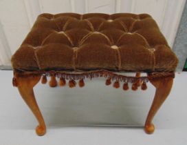 A mahogany rectangular upholstered stool on four scroll legs, 35 x 44 x 30.5cm