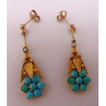 A pair of antique gold, turquoise and seed pearl earrings, tested 9ct, approx total weight 3.6g