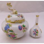 Herend vase and cover decorated with flowers and butterflies, the pull off cover with fish finial