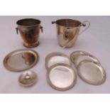 Two white metal ice buckets and seven white metal coasters with rope twist borders and a pair of ice