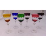 A set of six Bohemian coloured hock glasses on circular spreading bases