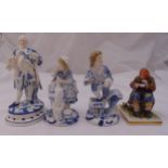A quantity of continental porcelain figurines and a Crown Naples figurine of a man eating from a