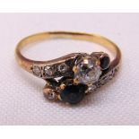 Gold diamond and sapphire crossover ring, tested 9ct, approx total weight 2.2g