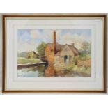 Jess White framed and glazed watercolour titled The Mill Lower Slaughter, signed bottom right, label
