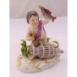 Meissen Elements series, figurine of a child holding fish from a fish basket on naturalistic base,