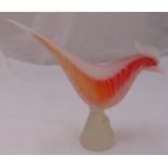 A frosted glass stylised figurine of a polychromatic bird on a conical stand, 21.5 x 24cm