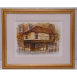 Alex Jawdokimor framed watercolour of The Old Curiosity Shop signed and dated bottom left, 27.5 x