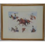 Martin Williams framed and glazed watercolour collage of famous racehorses, monogrammed bottom