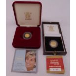 Britannic 1/10 oz proof gold coin and 2007 Diana one pound proof gold coin