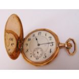 14ct yellow gold pocket watch, engine turned, white enamel dial Arabic numerals with subsidiary