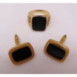A pair of 9ct gold and onyx cufflinks and a matching signet ring, approx total weight 14.7g