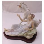 Lladro figurine The Goddess and The Unicorn on naturalistic base, to include wooden plinth, marks to