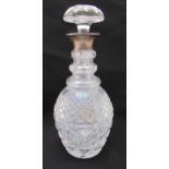 A hobnail cut glass decanter with drop stopper and hallmarked silver collar, 29cm (h)