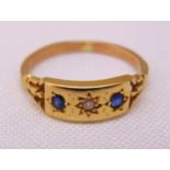 9ct yellow gold, sapphire and diamond three stone ring, approx total weight 1.9g