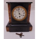 Black slate marble mantle clock by JW Benson white enamel dial, Roman numerals, to include key, 22cm