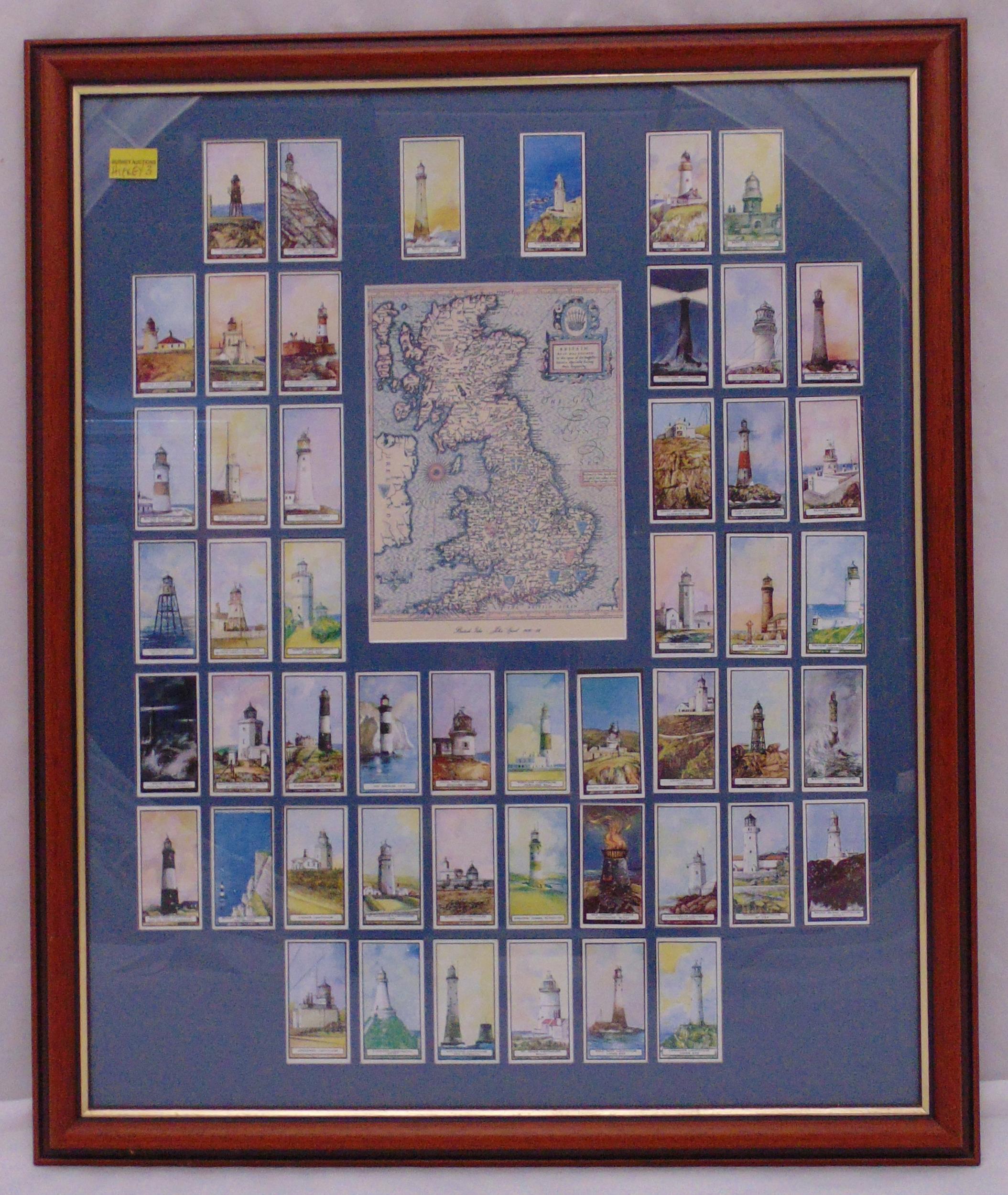 A framed and glazed composition of cigarette cards highlighting lighthouses around Great Britain,