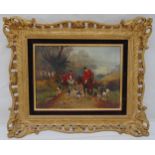 A framed oil on canvas of a hunting scene indistinctly signed bottom left, dated 1912, 22 x 30cm