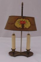 A Bouillotte lamp, the oval shade painted with flowers and leaves