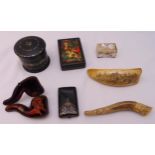 A quantity of collectables to include scrimshaw, papier mache boxes, a carved wooden pipe in