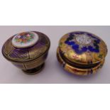 A continental painted and gilded glass dressing table trinket box with hinged cover and another with