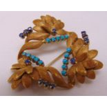 18ct yellow gold, turquoise and sapphire flower brooch, approx total weight 13.7g