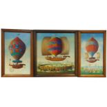 Victor Philippe Fr. Lemoine-Benoit framed triptych oils on panel of hot air balloons, signed to